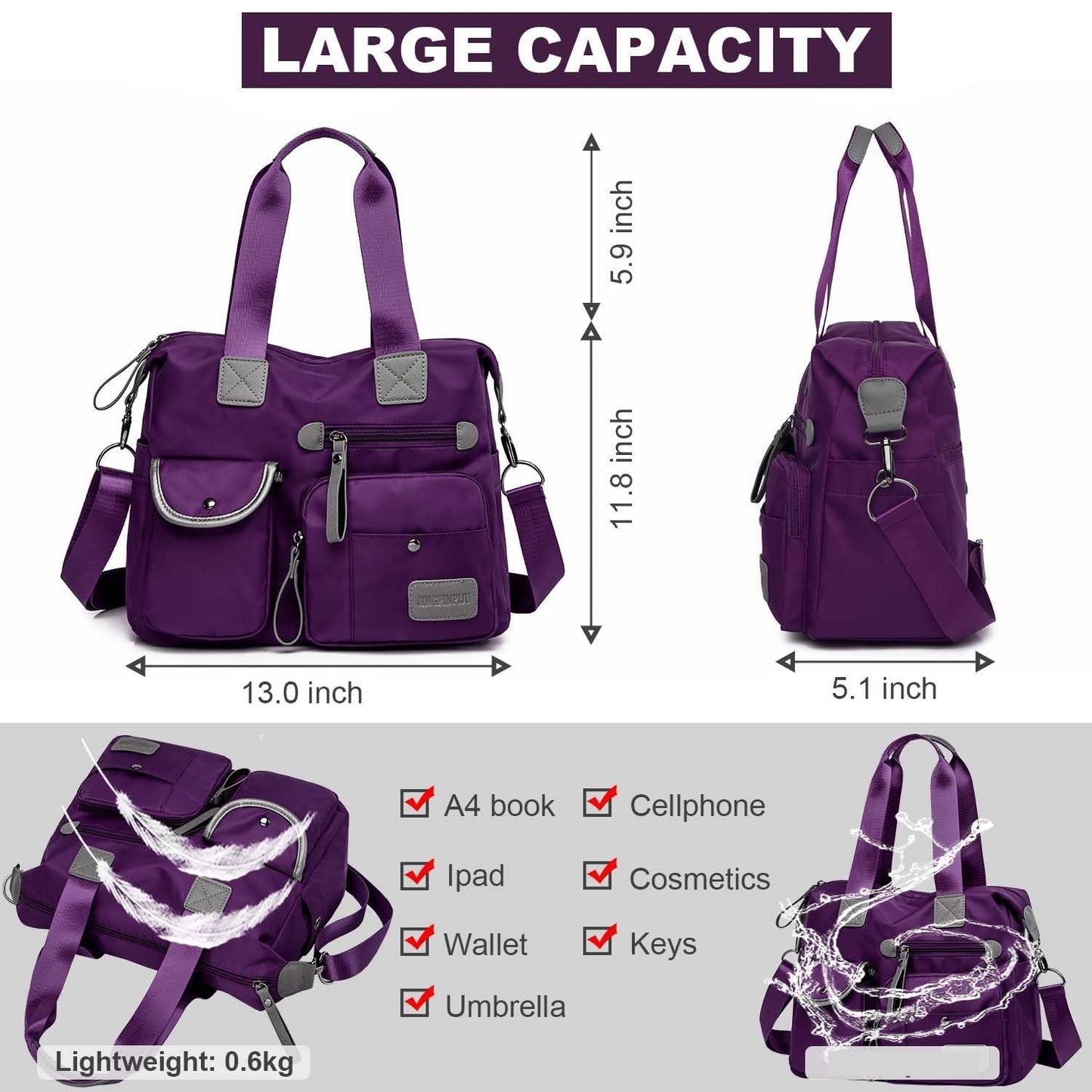 Tote Bag For Women, Multi Pockets Shoulder Handbag, Nurse Bag For Work, Large Cross Body Purse, Fashion Nylon Top Handle Satchel