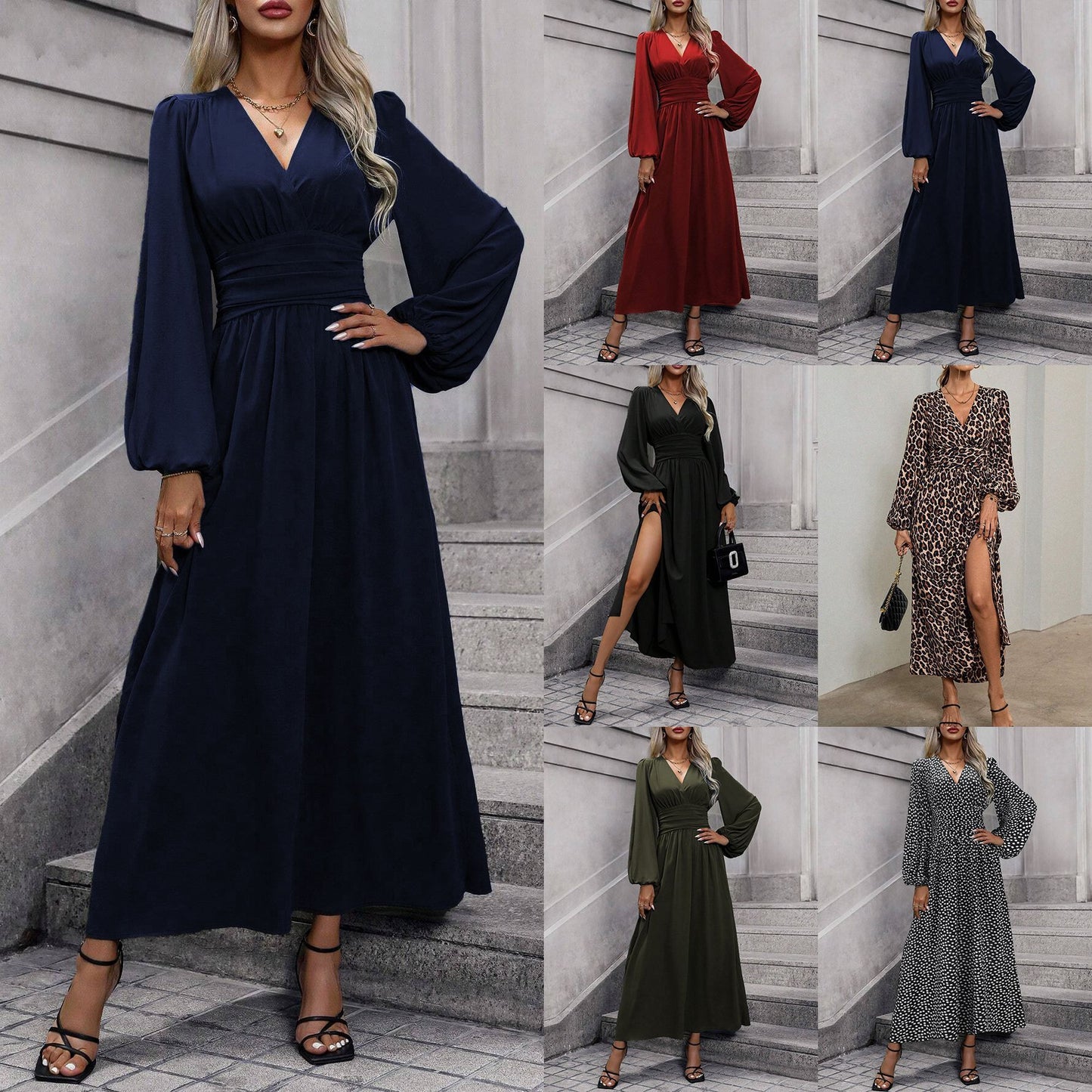 Lantern Sleeve Smocking High Slit Dress