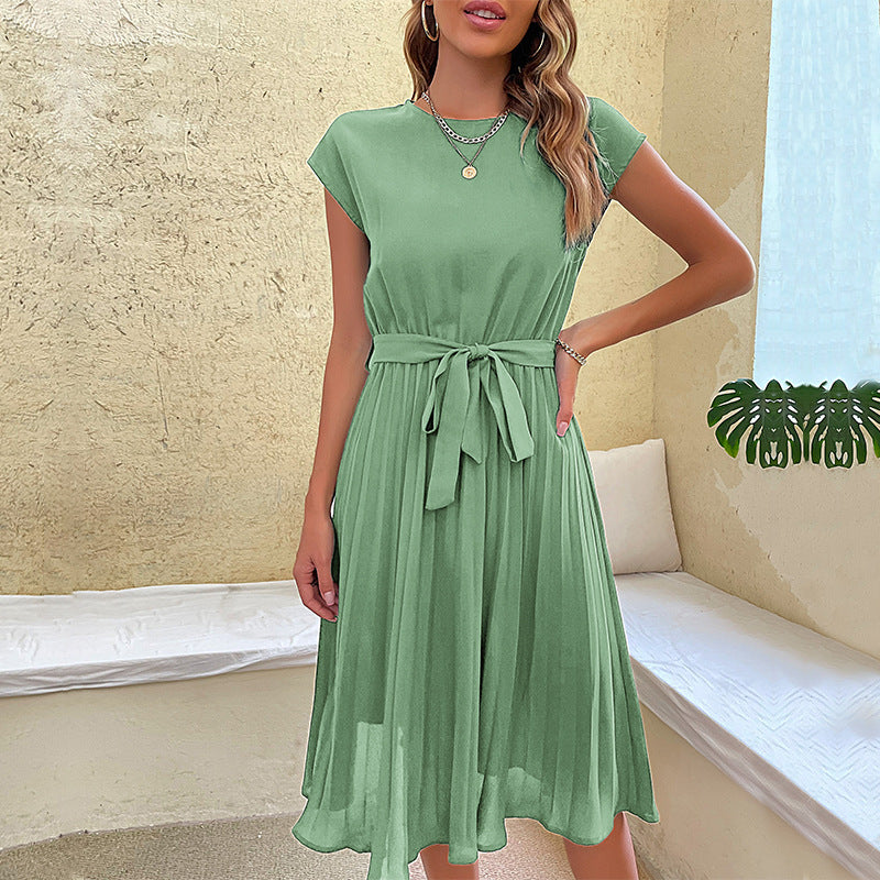 Summer Pleated Short-sleeved Dress INS Fashion Waist-tied Beach Dresses Women's Clothing