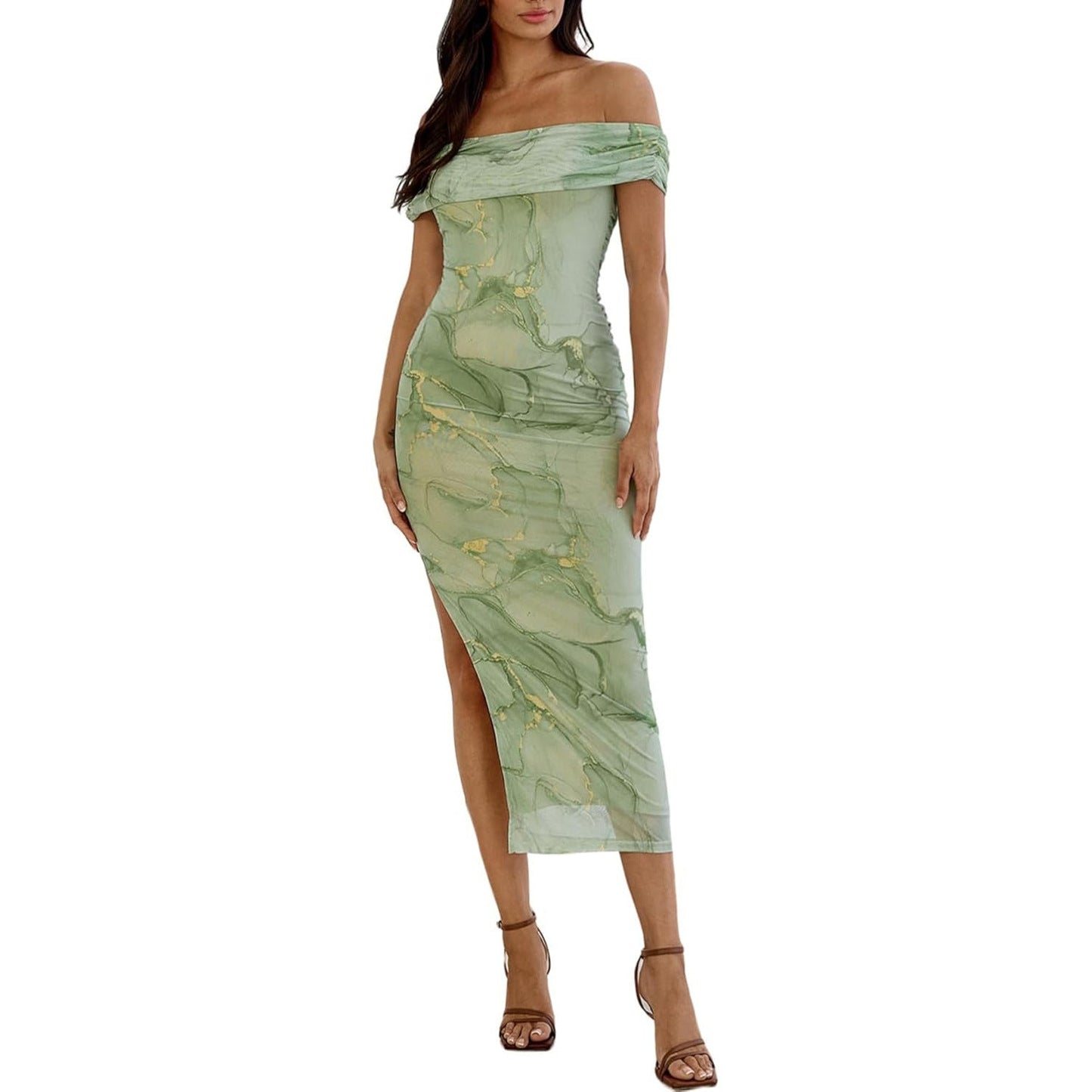 European And American Sexy Slit Slim-fitting Sheath Print Dress Pleated