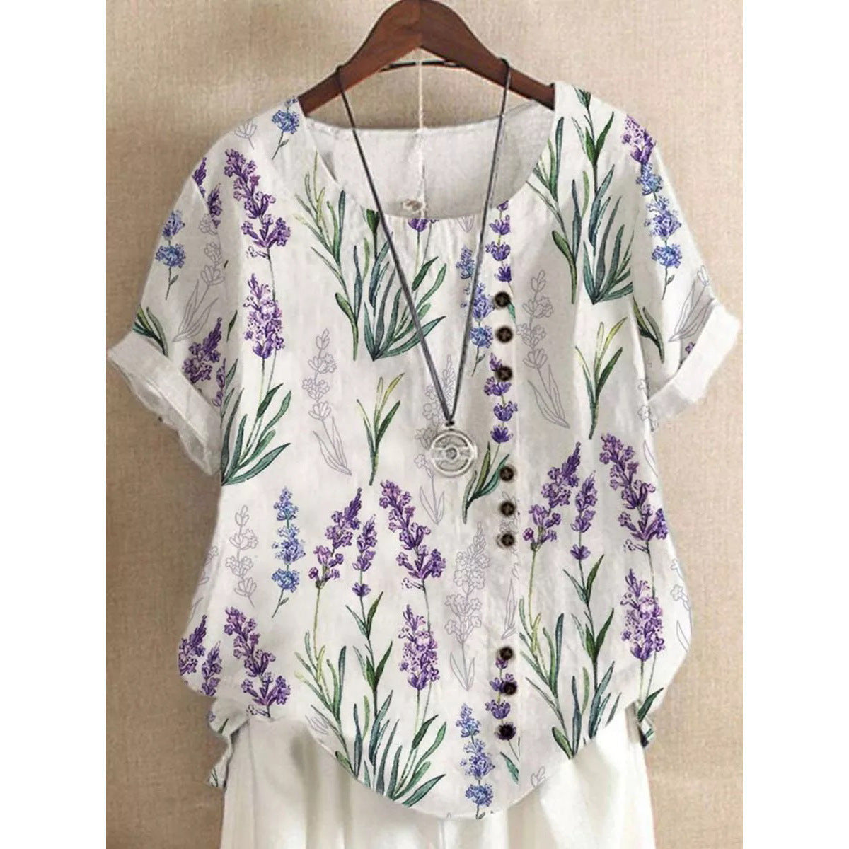 Summer New Printed Floral Button Short Sleeve