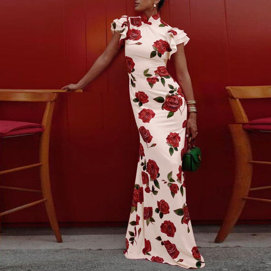 European And American Sleeveless Casual Printed Dress New Chinese Cheongsam