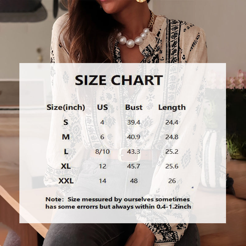 Women's Elegant Printed Blouse - Flowy Boho Shirt With Lantern Sleeves & Lace Trim, Vintage Ethnic Style Loose Top For Spring&Fall
