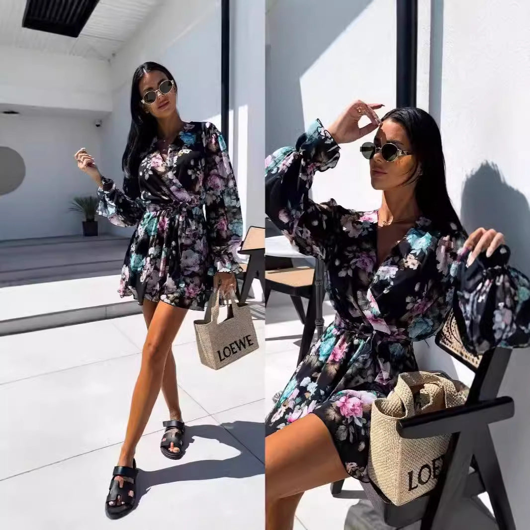 Long Sleeve Ink Printing Jumpsuit