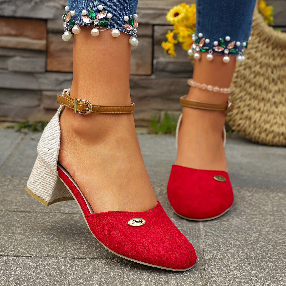 Plus Size Color Block Closed Toe Sandals Stylish And Lightweight Suede Buckle Women's Shoes