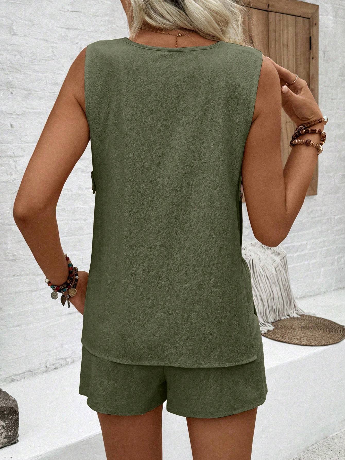 Ladies' Single Breasted Sleeveless Summer Vest And Shorts Two-Piece Set