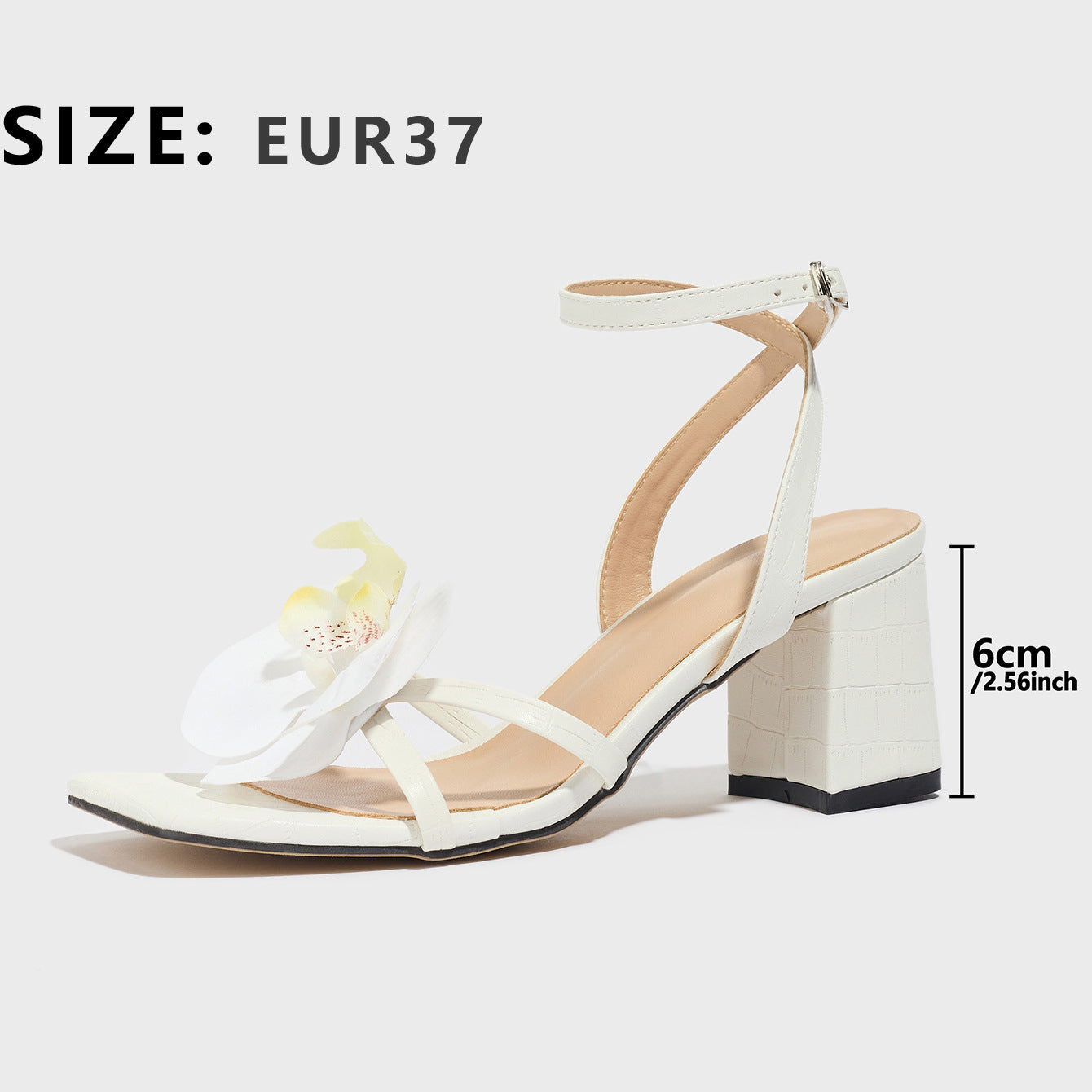 Women's Square Toe Three-dimensional Flower Solid Color Chunky Heel Sandals