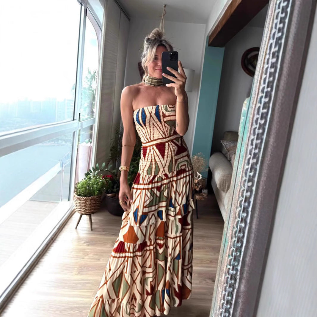 Women's Retro High Waist Printing Slip Dress