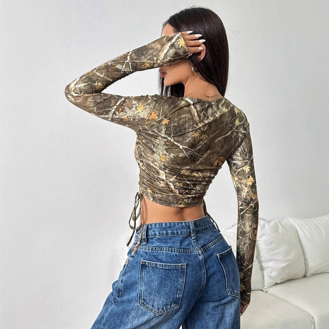 Mesh Branch Printing Side Drawstring Fitted Short T-shirt