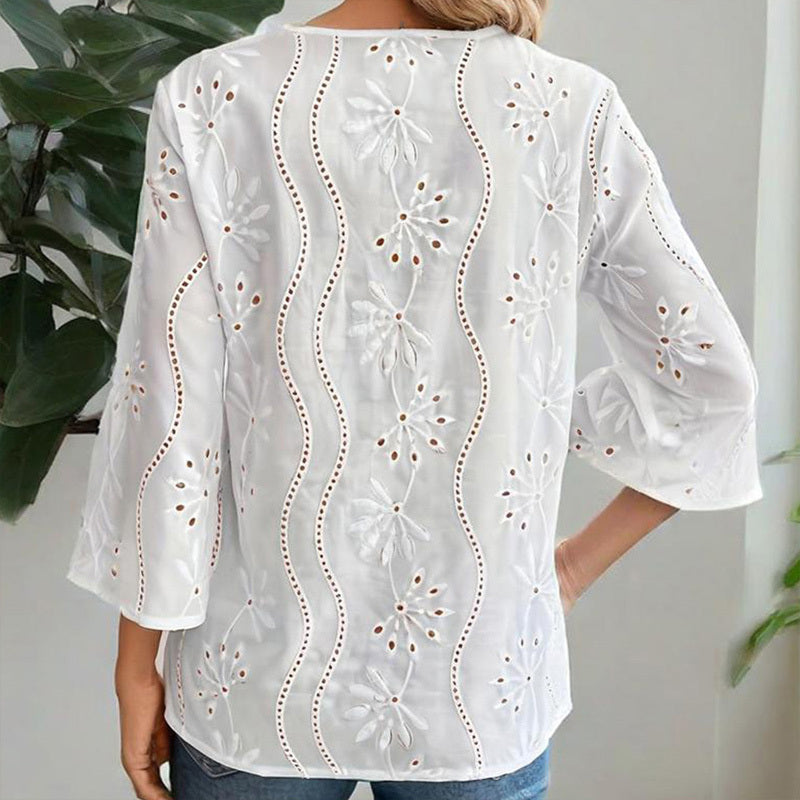 Elegant Women's V-Neck Long Sleeve Blouse - Embroidered Mesh & Flared Lace Sleeve Chiffon Top For Spring&Summer