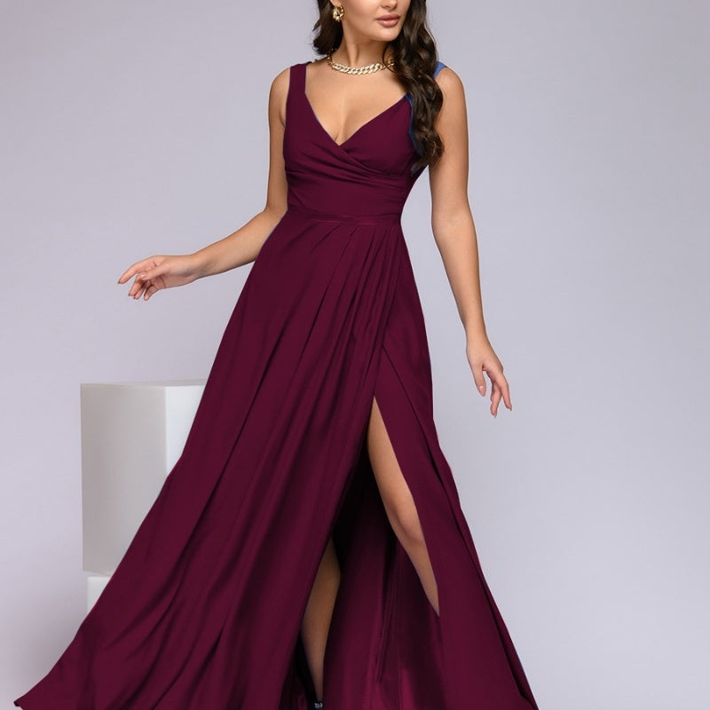 Solid Color Sleeveless Waist Formal Dress