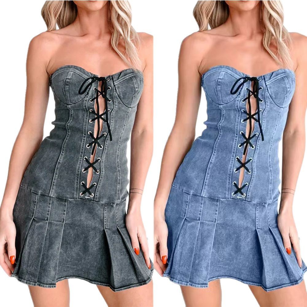 Low Waist Rope Tube Top Denim Dress Women
