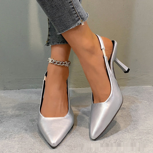 Women's Stiletto Pointed White Back Strap Shoes Slim-fit Strap High Heels