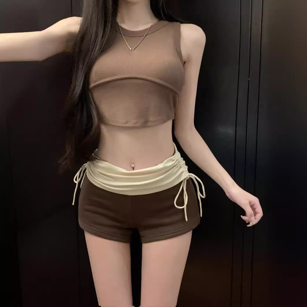 Women's Summer Pleated High Waist Contrast Color Drawstring Casual Shorts