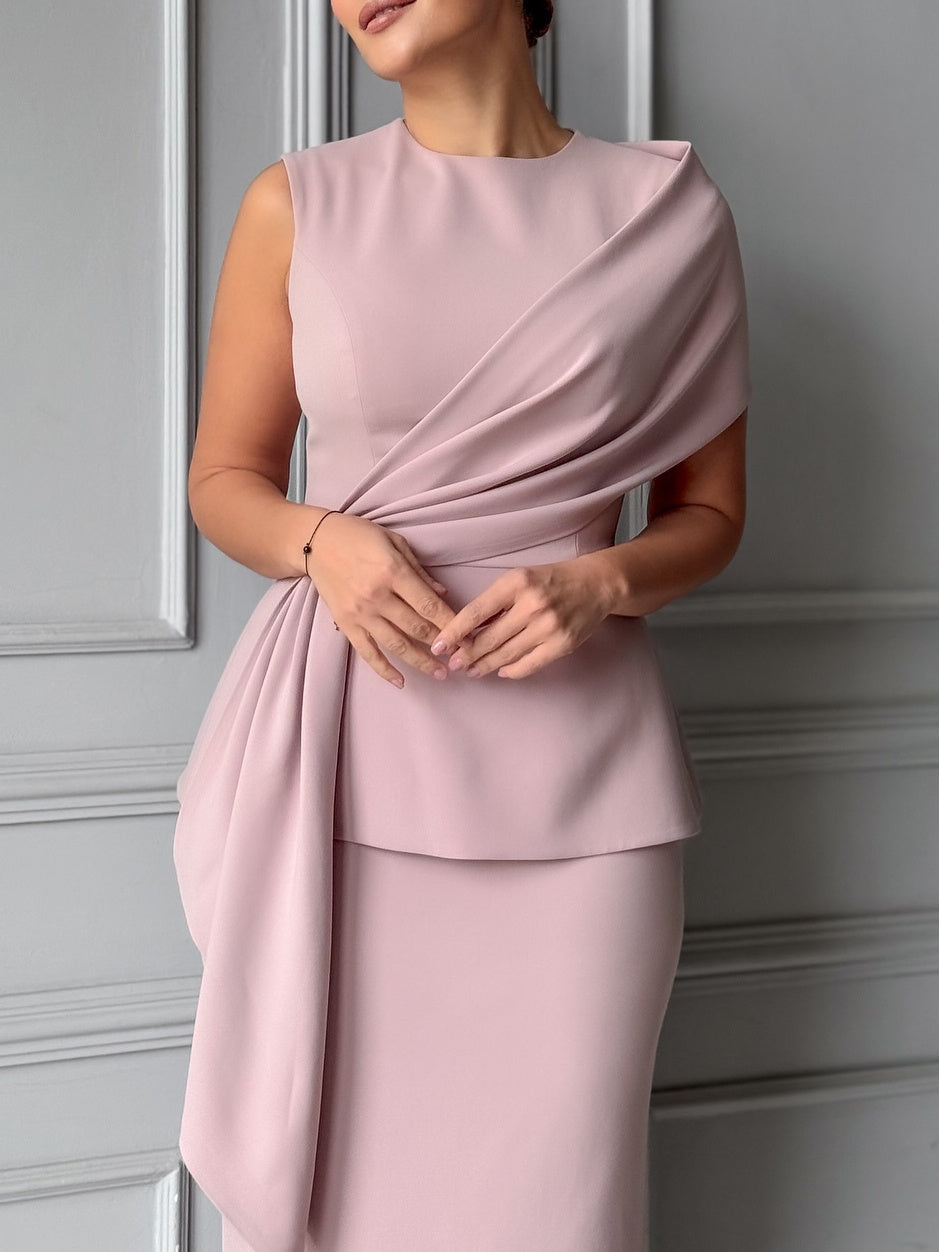 Solid Color Sleeveless Round Neck Top & Hip-Wrap Skirt Set