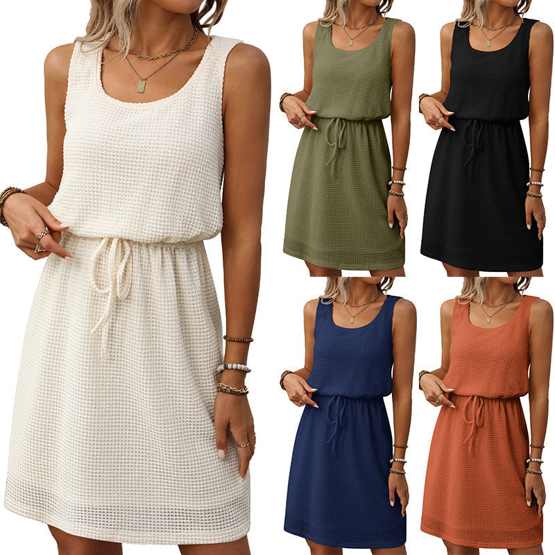 Square Collar Drawstring Sleeveless Vest Dress With Lining