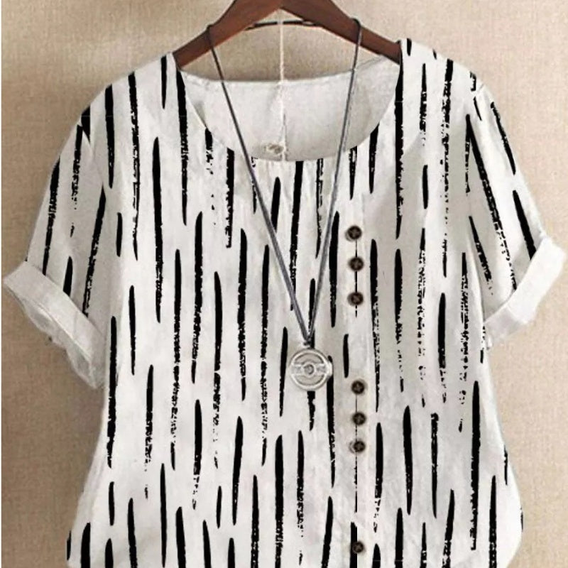 Summer New Printed Floral Button Short Sleeve