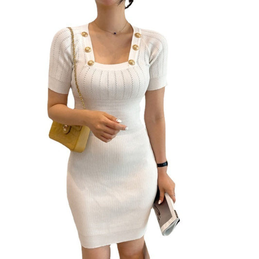 Spring And Summer New Temperament Metal Buckle Women's Slim Stretch Knit Dress