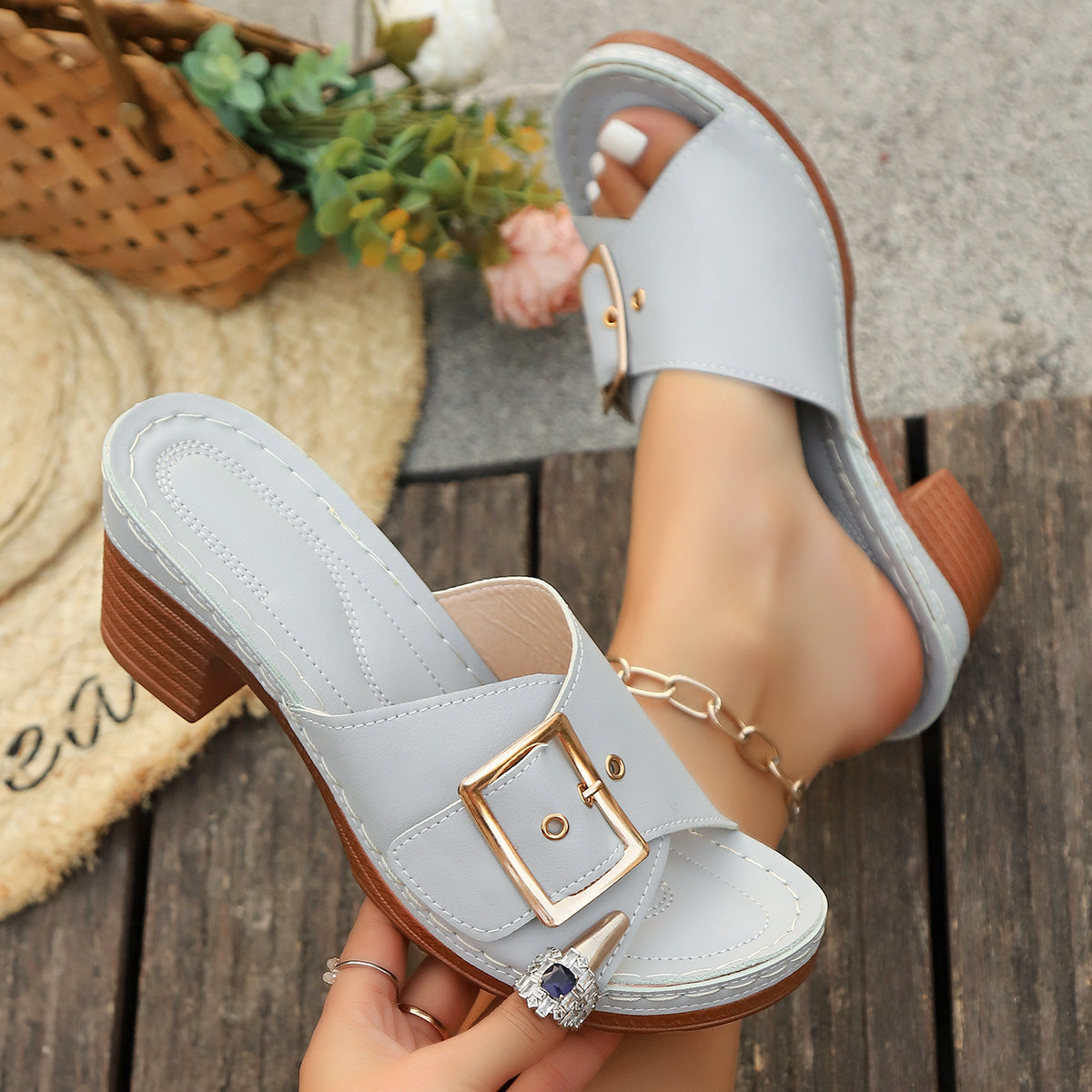 Foreign Trade Women's Shoes 2025 Summer New Chunky Heel Buckle Metal Buckle Slippers With Beach Slippers