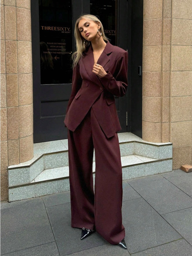 Aloruh Women's Notched Collar Jacket And Pants Commuting Daily Basic Business Suit Set