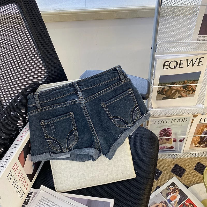 Low Waist Curling Washed Denim Super Short Shorts