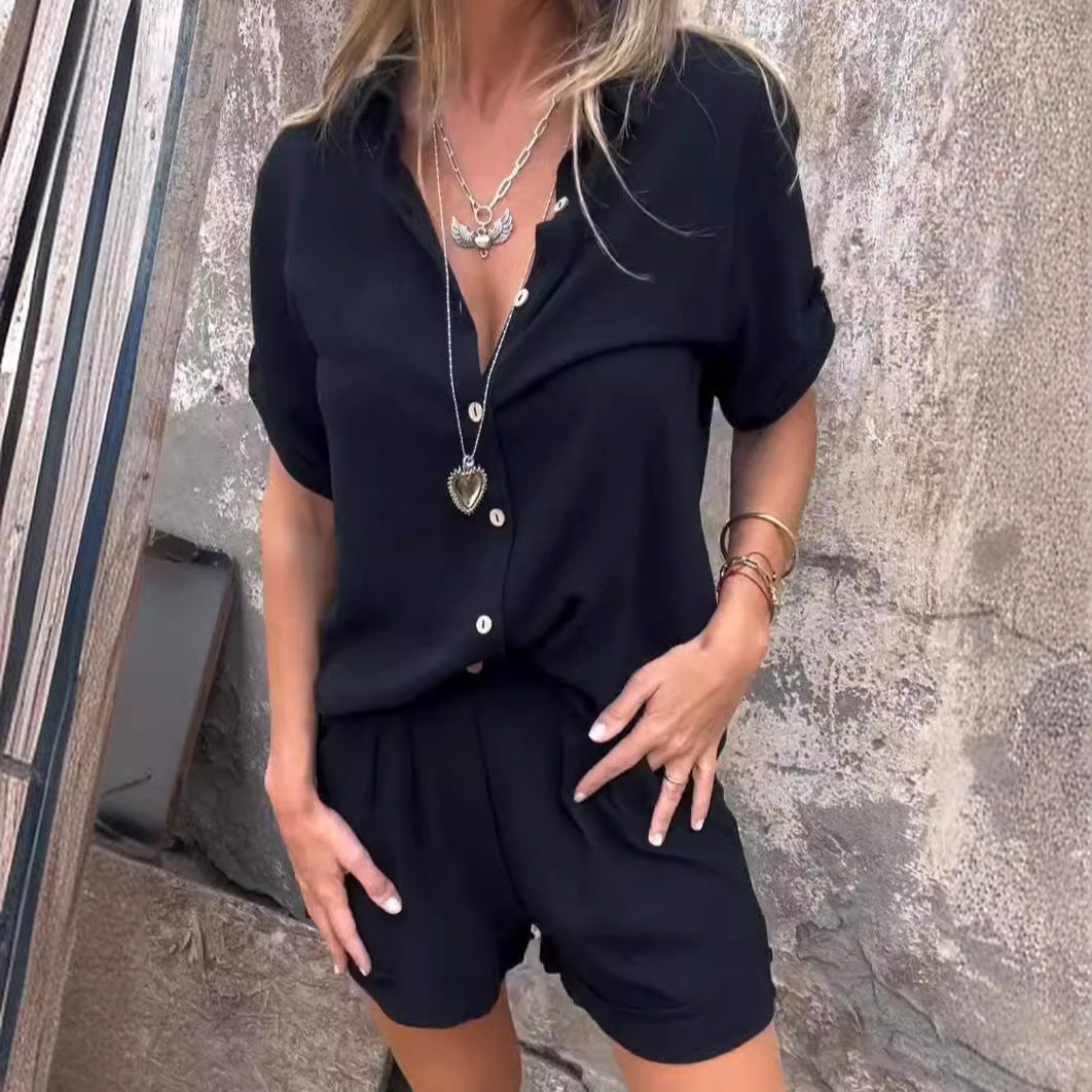 Short-sleeved Suits Fashion Lapel Button Shirt Top And Pocket Shorts Women's Clothing