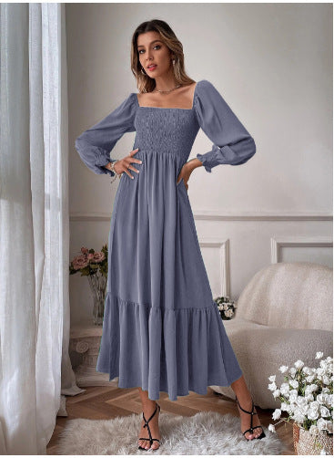 Pullover Square Collar Long Sleeve Ruffled High Waist Tight Temperament Dress