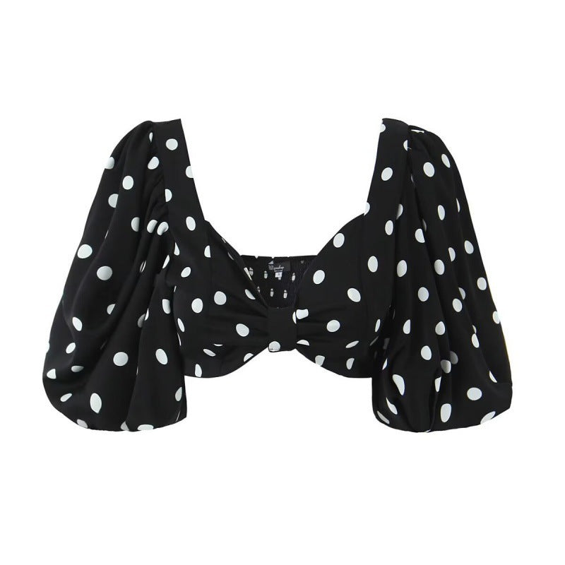 Seaside Vacation Sexy Polka Dot Split Top Mid-length Dress Set