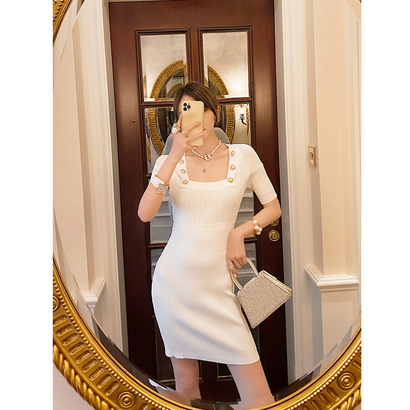 Spring And Summer New Temperament Metal Buckle Women's Slim Stretch Knit Dress