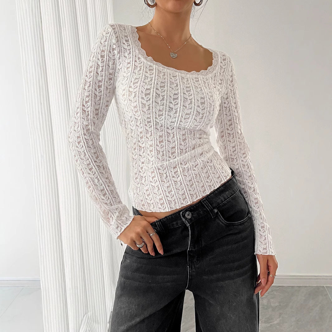 Women U-neck Long-sleeved Lace Lace Slim T-shirt