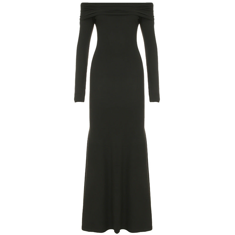 Black Off-shoulder Slim Fit Sheath Fishtail Dress