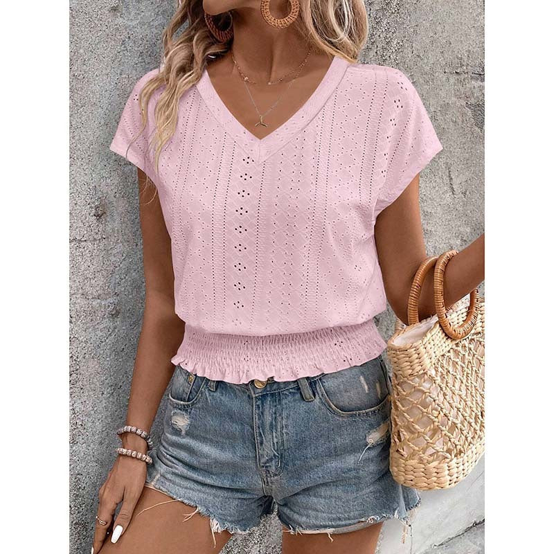 Women Summer Eyelet Top Casual V Neck Short Sleeve Smocked Shirts Loose Tunic Tops Blouses