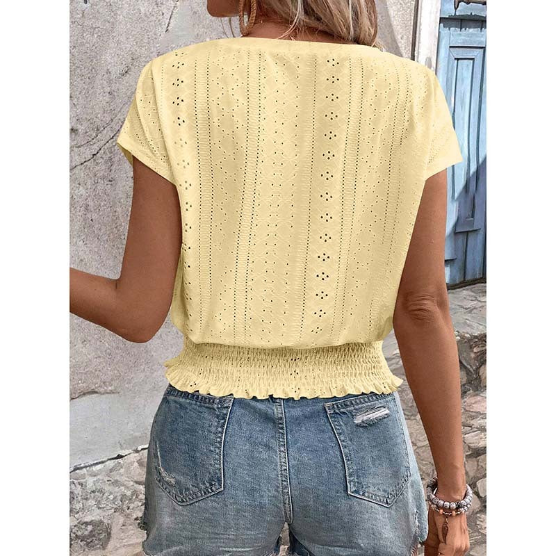 Women Summer Eyelet Top Casual V Neck Short Sleeve Smocked Shirts Loose Tunic Tops Blouses