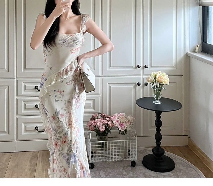 French Ruffled Square Collar Floral Backless Sling Dress