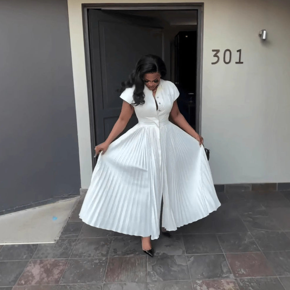 Women's Short Sleeve High Waist Pleated A- Line Dress