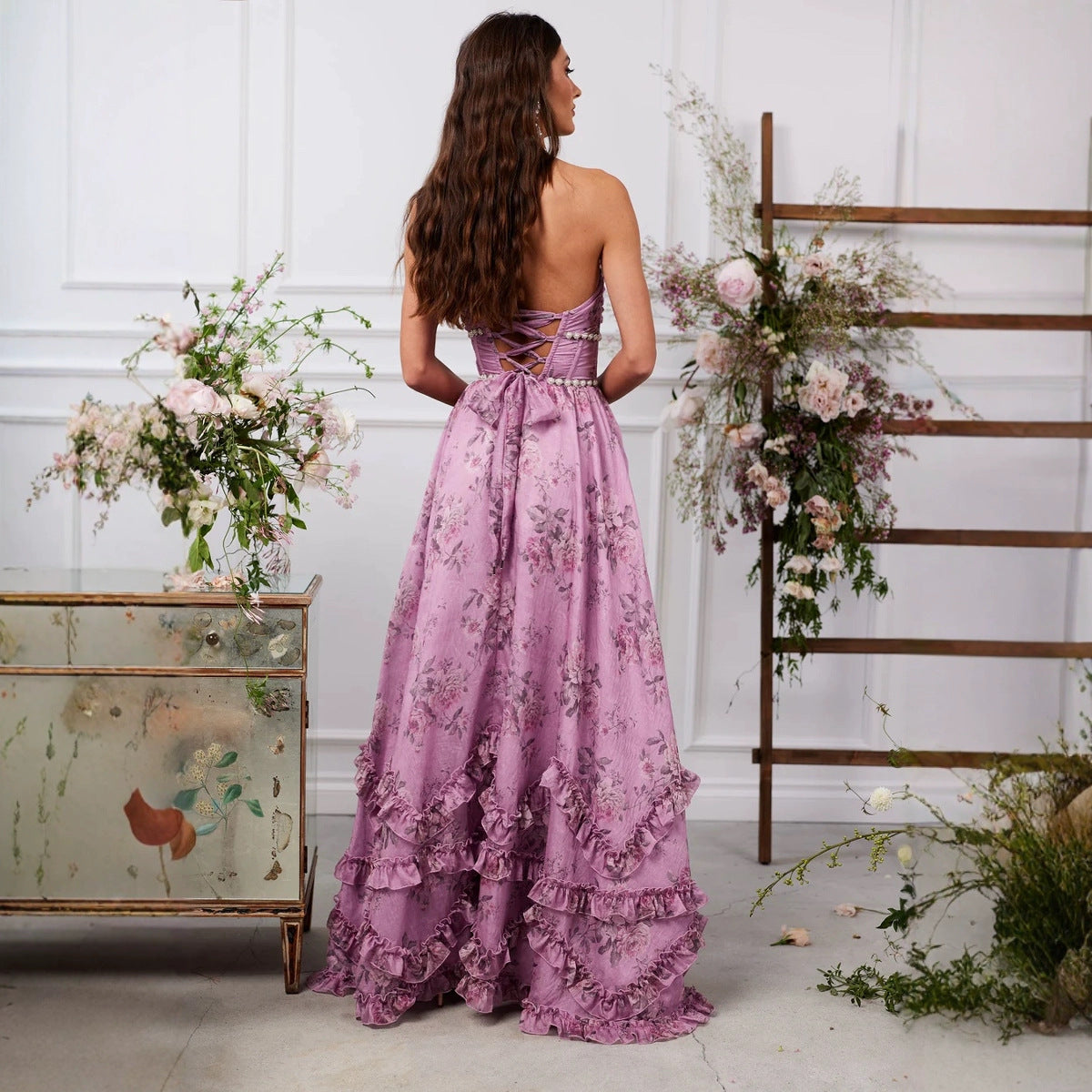 Elegant Graceful Printed Slim-fit Expansion Skirt For Vacation Suspender Dress