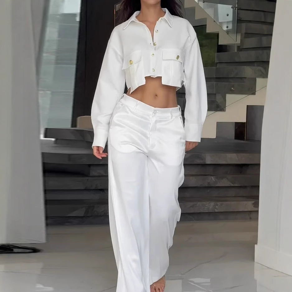 Midriff Outfit Long Sleeve Top Wide Leg Trousers