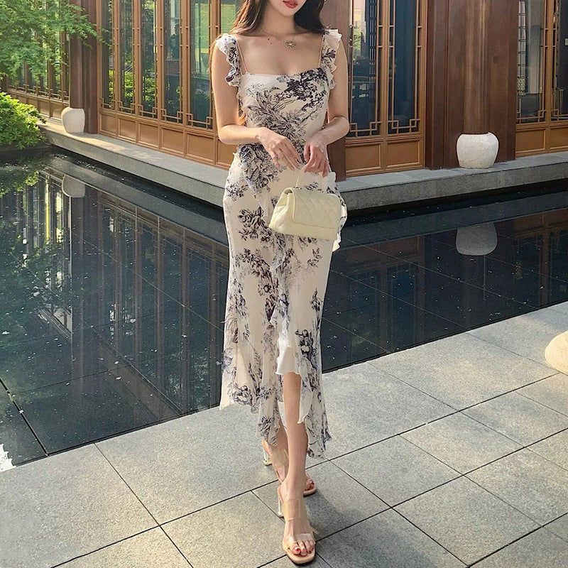 French Ruffled Square Collar Floral Backless Sling Dress