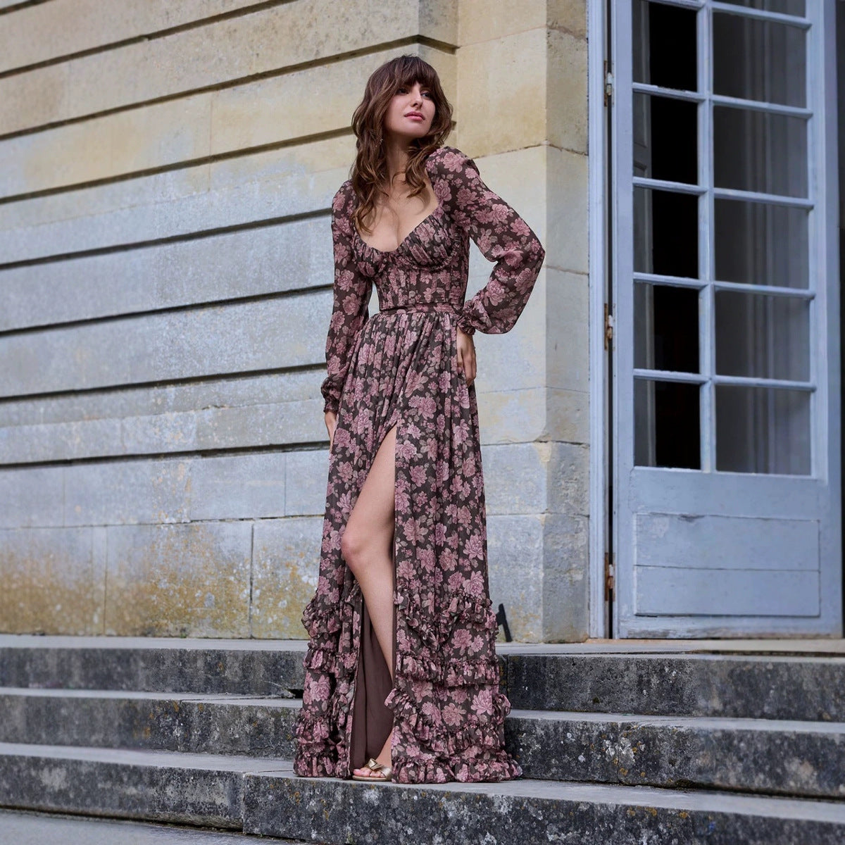 Romantic Floral V-neck Single Breasted Waist-tight Display Long Sleeve Dress