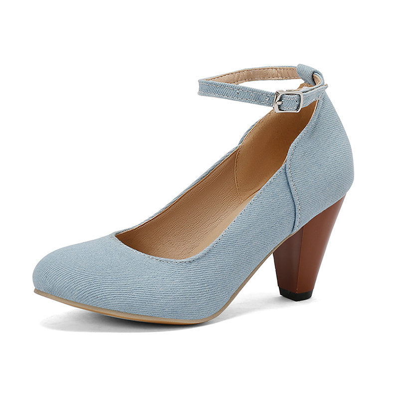Denim Fabric Women's High Heel Buckle Waterproof Platform