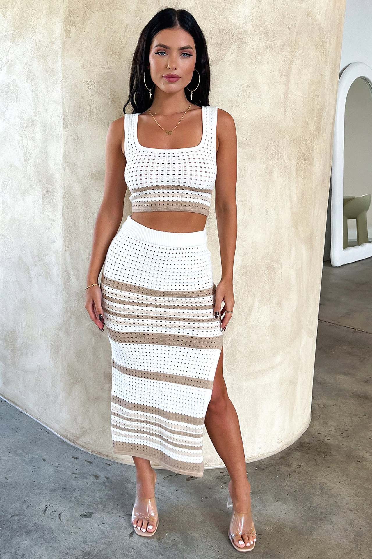 Summer New Sleeveless Vest Sexy Slit Striped Skirt Knitting Suit