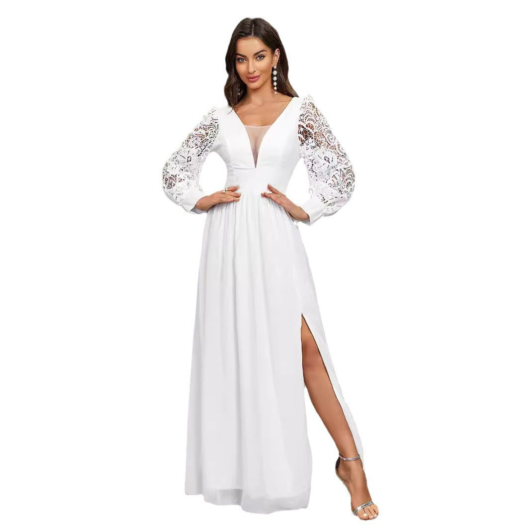 New Solid Color Elegant V-neck Slim Fit Slit Long Sleeve Dress