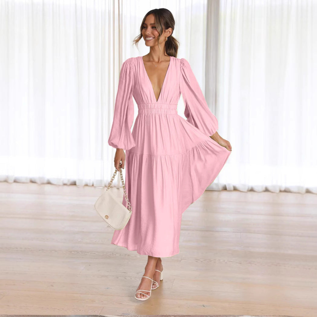 V-neck Waist-controlled Long Sleeves Dress Women