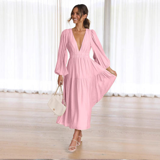 V-neck Waist-controlled Long Sleeves Dress Women