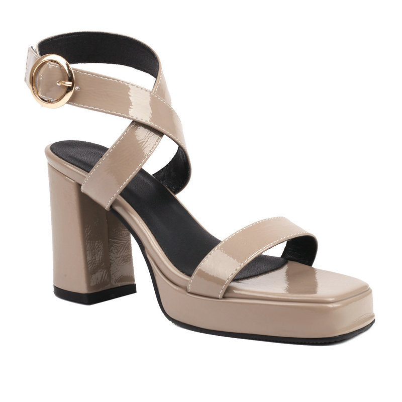 Square Toe Cross Buckle Strap Thick Bottom Chunky Heel Super High Heels