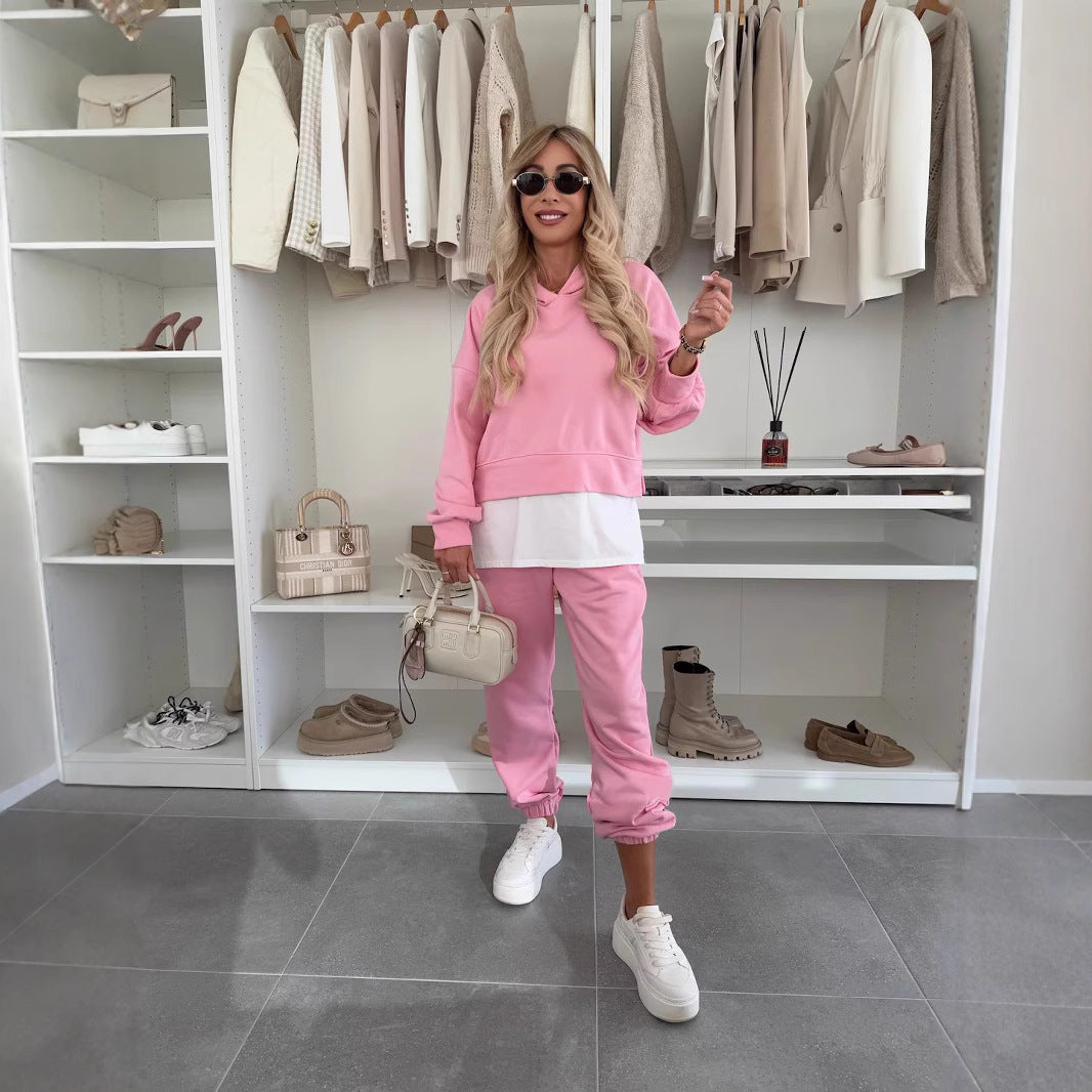 Spring And Autumn Women's Hooded Fashion Solid Color Casual Suit