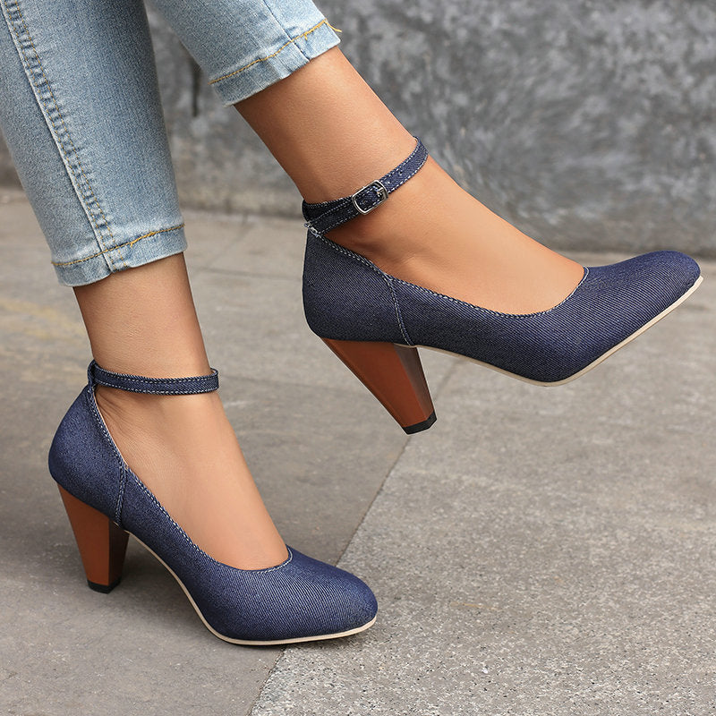 Denim Fabric Women's High Heel Buckle Waterproof Platform