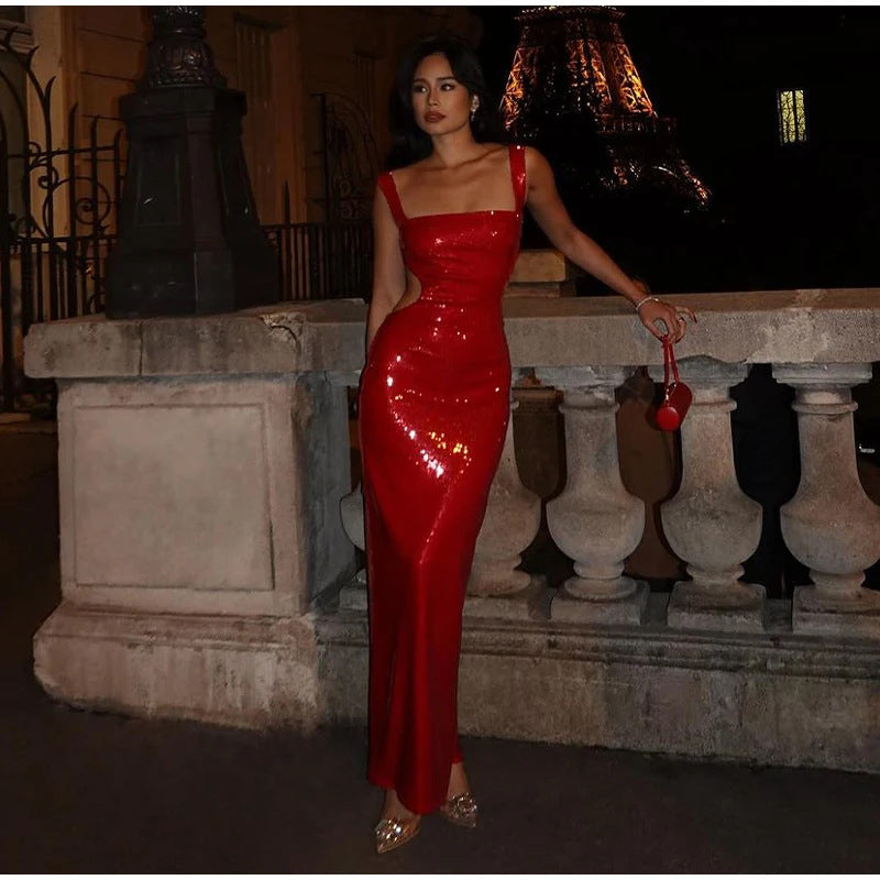 Personality Street Sequined Square Collar Sling Party Dress