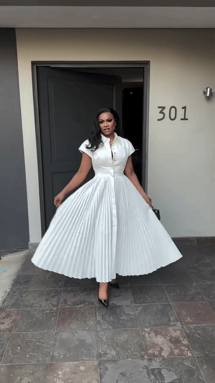 Women's Short Sleeve High Waist Pleated A- Line Dress