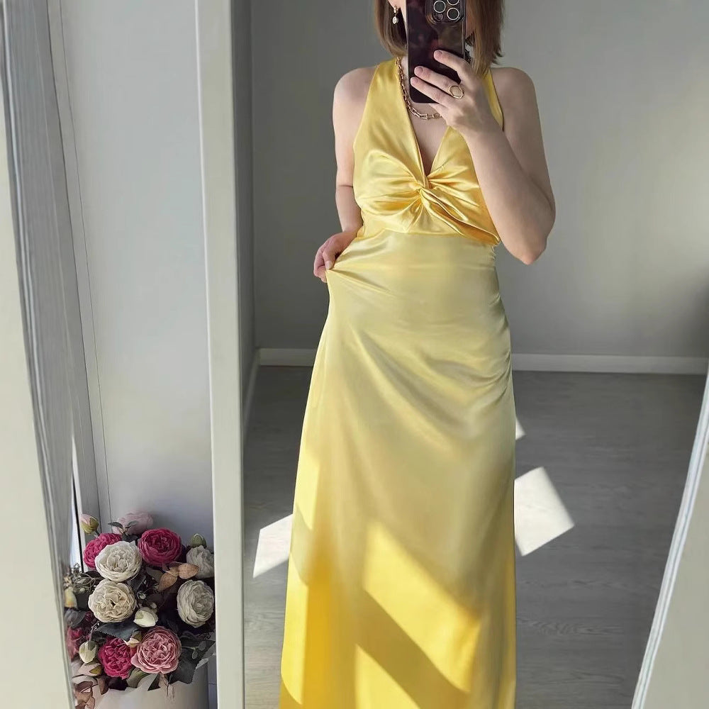 Fashion Sexy V-neck Lace Up Backless Maxi Dress Slim Fit Satin Dress